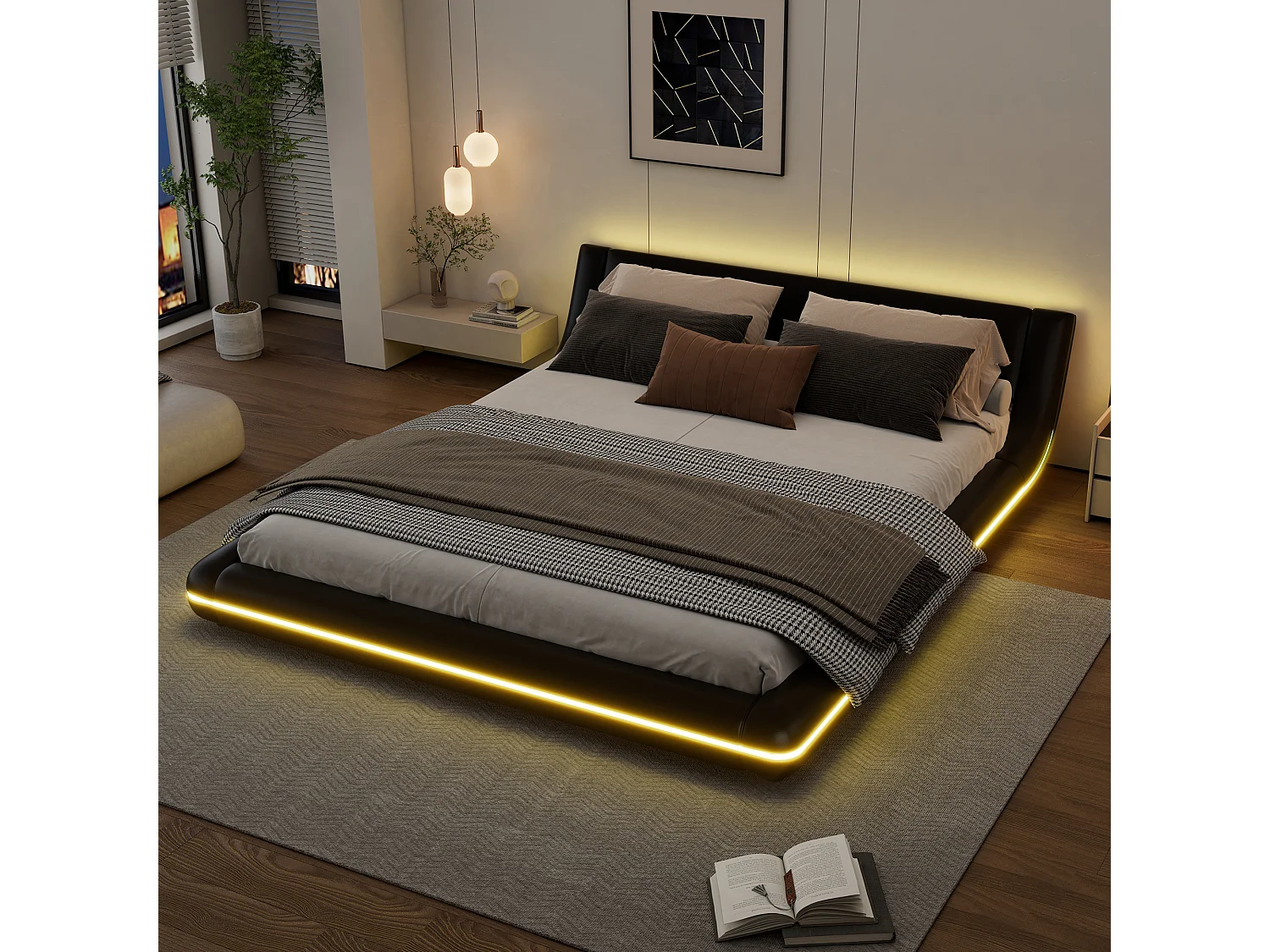 Lit plat 160 x 200 cm avec tête de lit - rembourré en cuir PU - LEDs - style élégant - noir