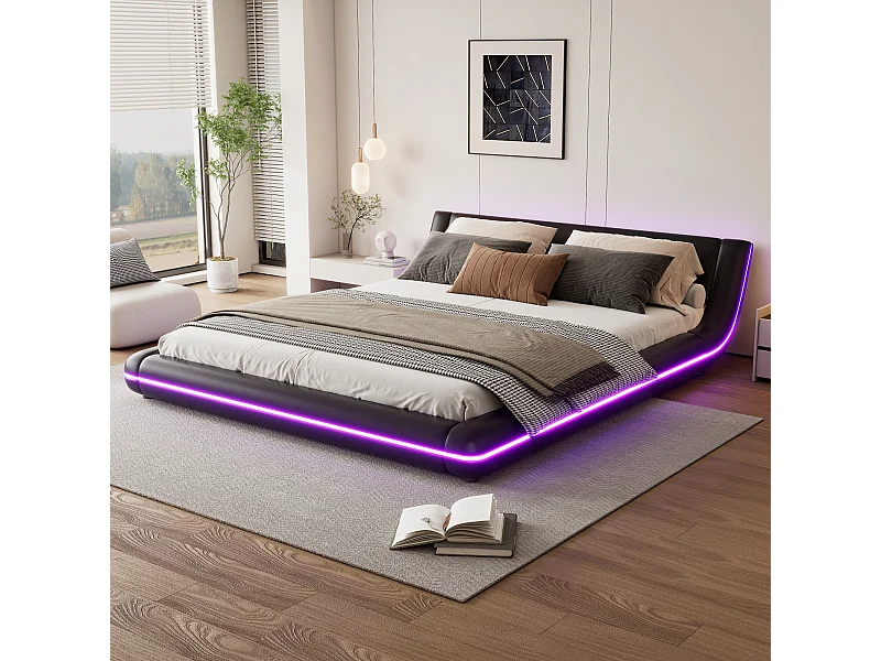 Lit plat 160 x 200 cm avec tête de lit - rembourré en cuir PU - LEDs - style élégant - noir