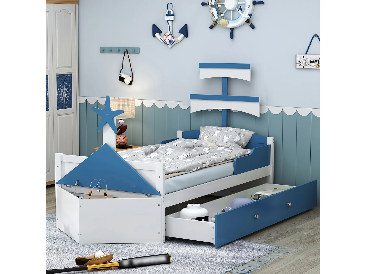 Lit 90 x 200 cm avec un grand tiroir et placard de rangement - bois MDF - sommier à lattes - bleu et blanc