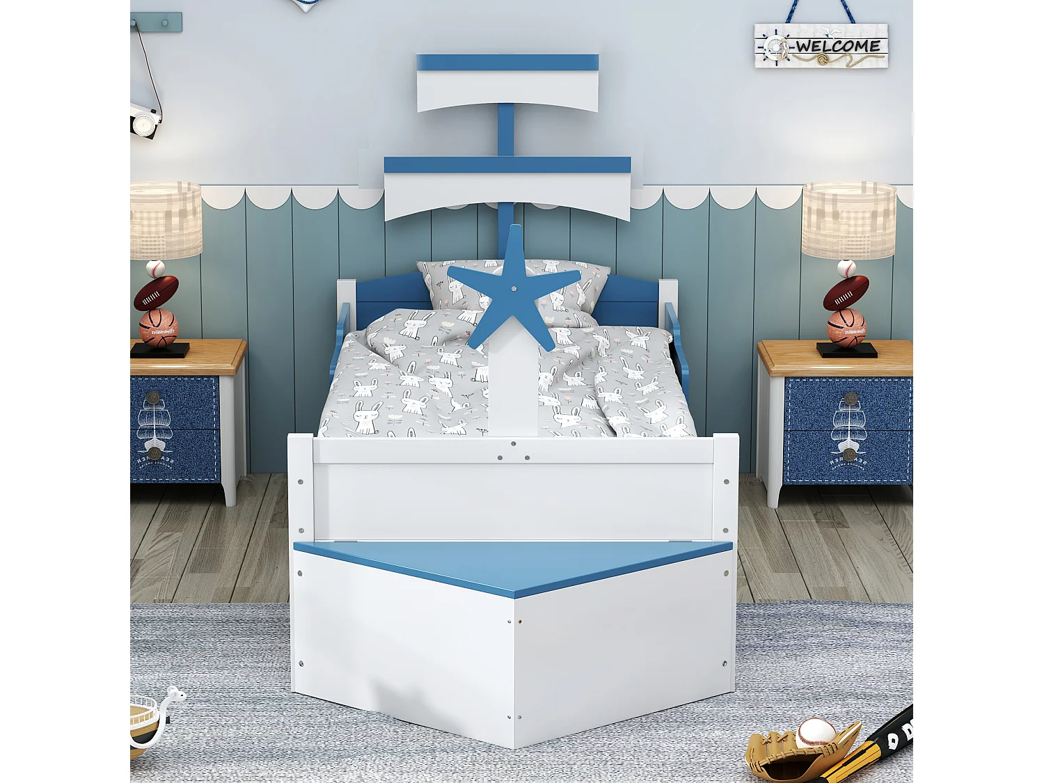 Lit 90 x 200 cm avec un grand tiroir et placard de rangement - bois MDF - sommier à lattes - bleu et blanc