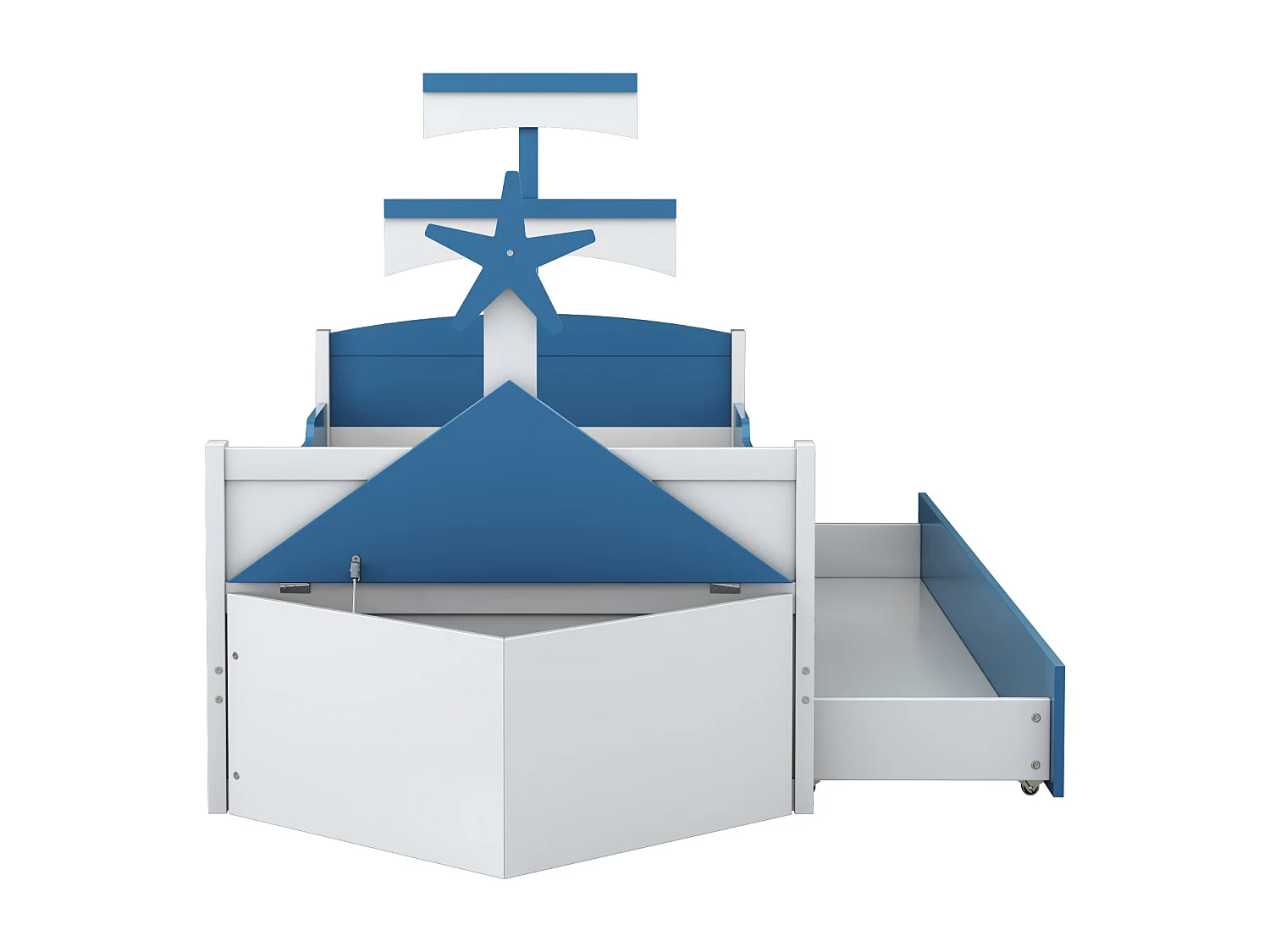 Lit 90 x 200 cm avec un grand tiroir et placard de rangement - bois MDF - sommier à lattes - bleu et blanc
