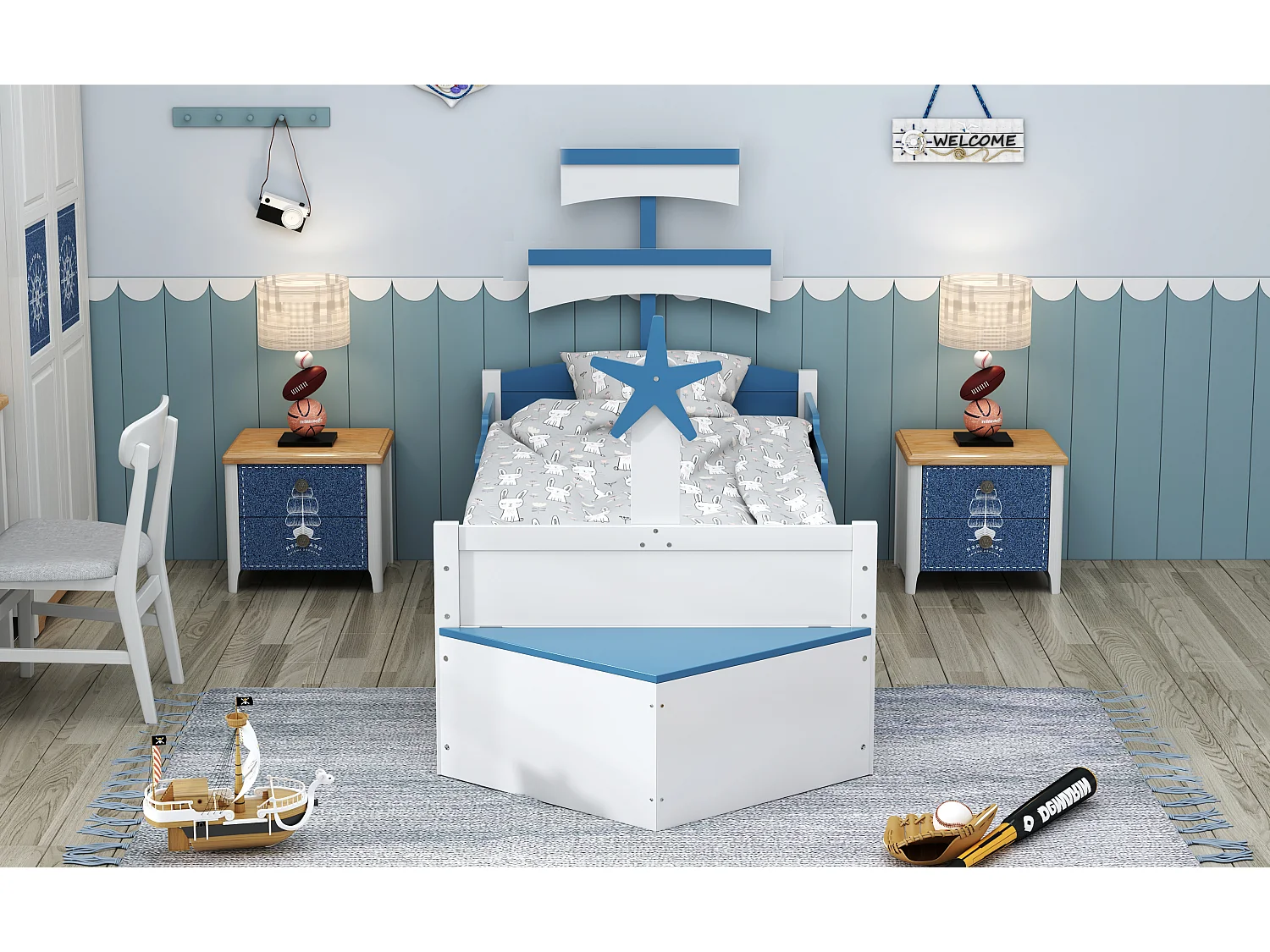 Lit 90 x 200 cm avec un grand tiroir et placard de rangement - bois MDF - sommier à lattes - bleu et blanc