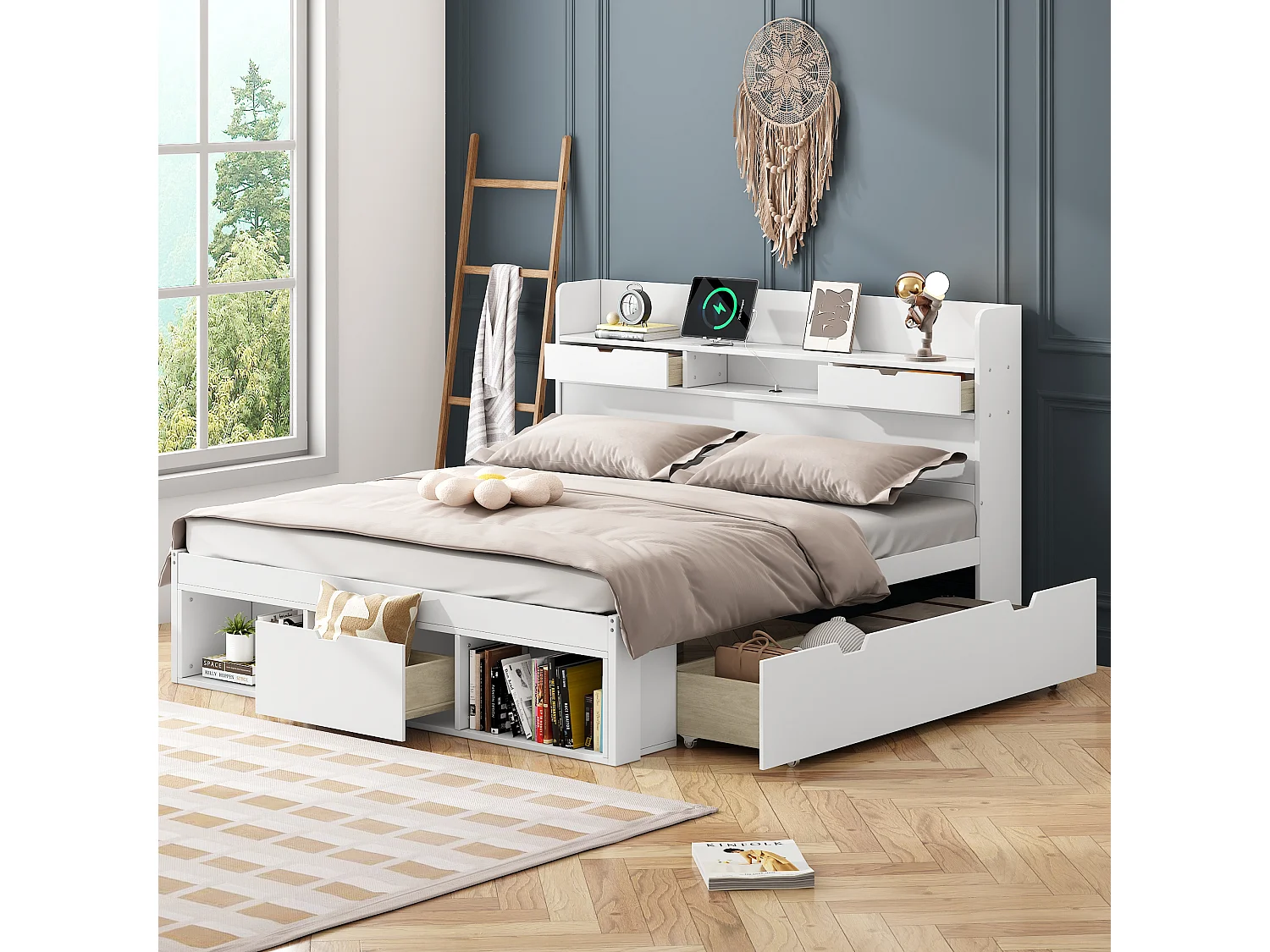 Bed 180 x 200 cm met USB-aansluiting, 5 lades & opbergvakken - grenenhout - wit (zonder matras)