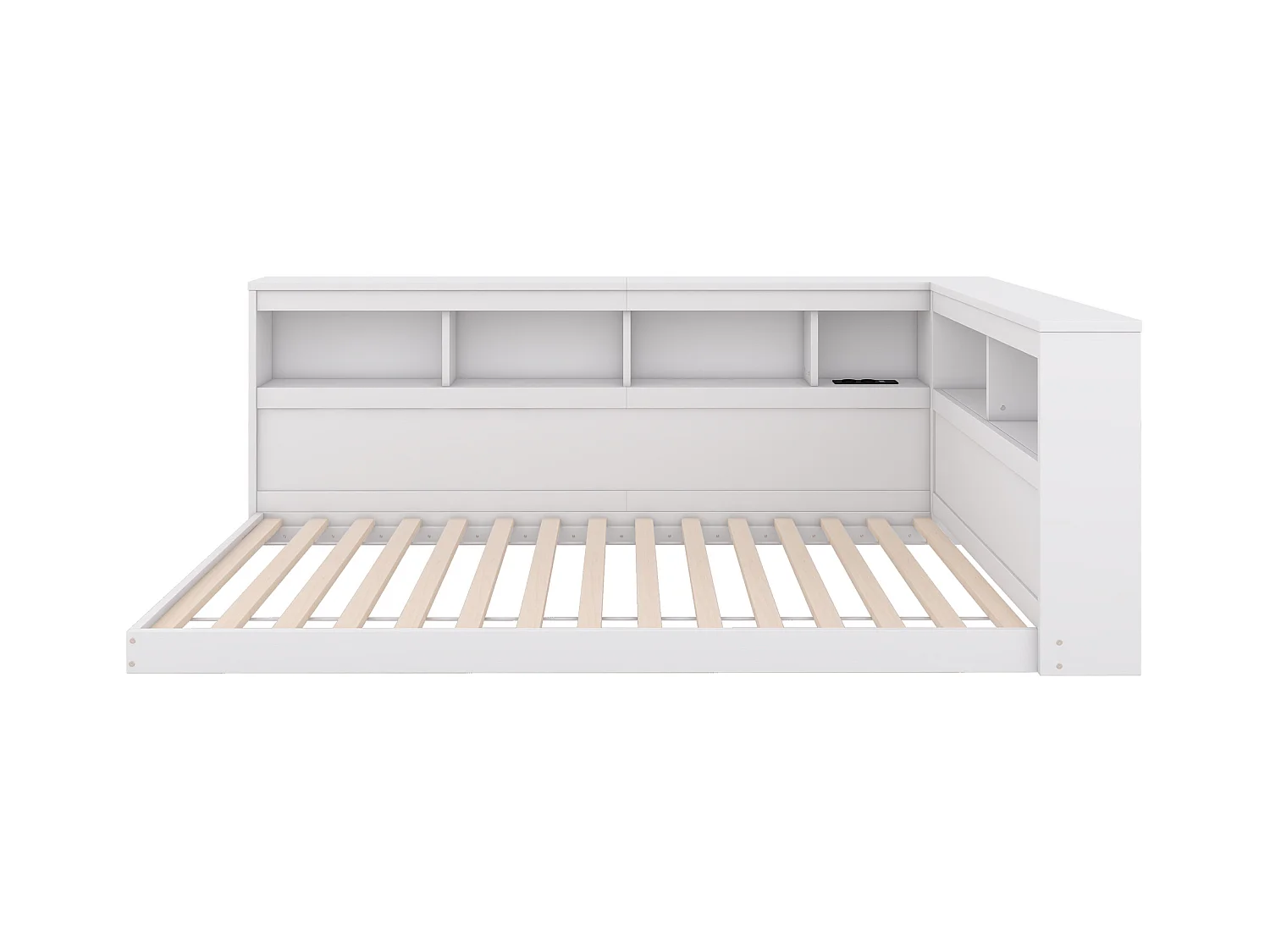Lit 90 x 200 cm,  canapé-lit - Etaères de rangement et 2 prises USB - Panneau de particules - Blanc (sans matelas)