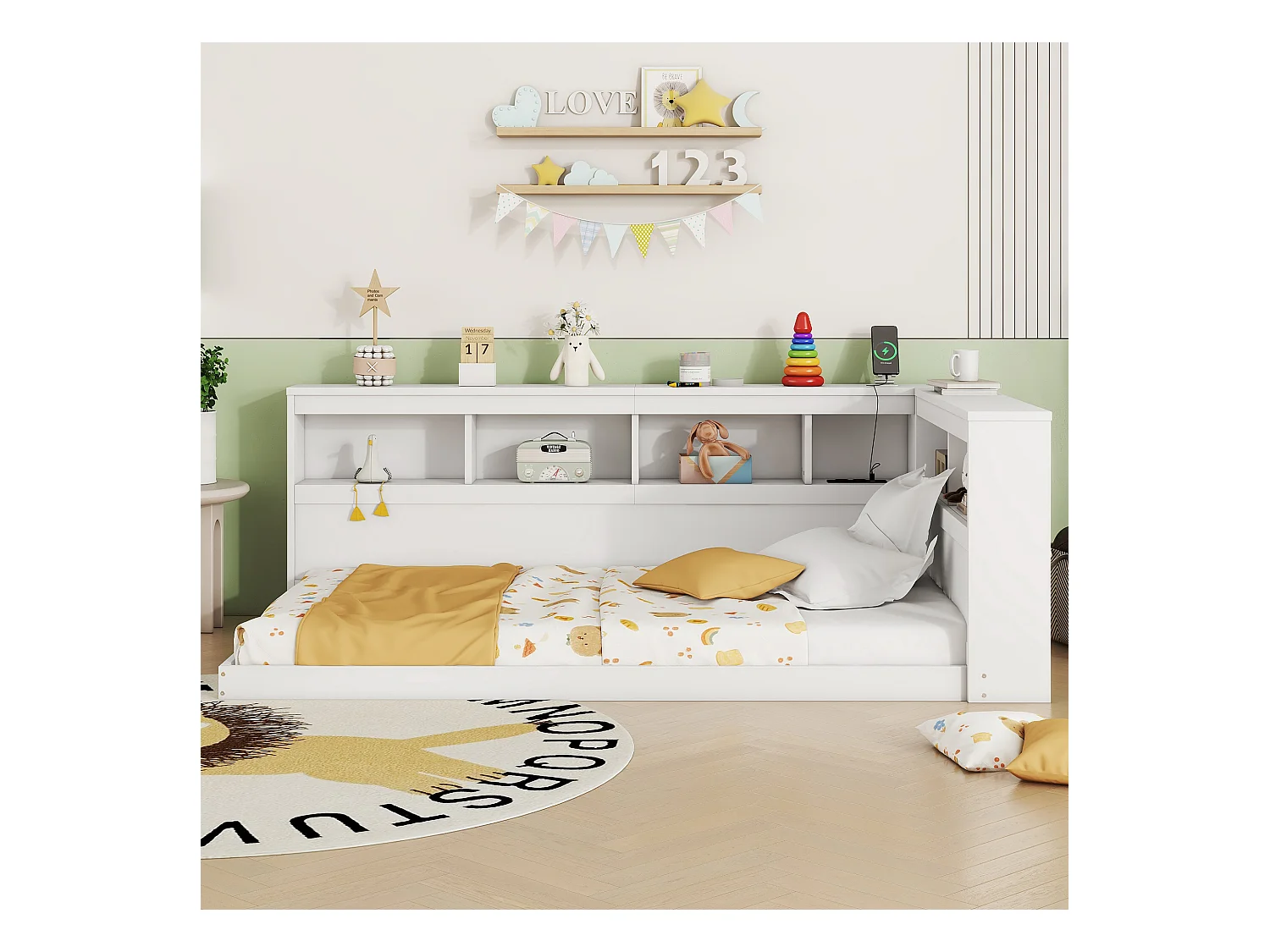 Lit 90 x 200 cm,  canapé-lit - Etaères de rangement et 2 prises USB - Panneau de particules - Blanc (sans matelas)