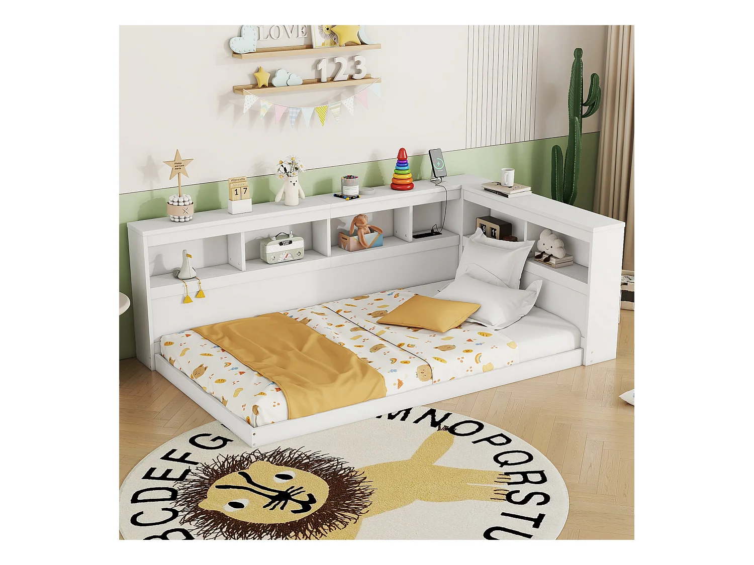 Lit 90 x 200 cm,  canapé-lit - Etaères de rangement et 2 prises USB - Panneau de particules - Blanc (sans matelas)