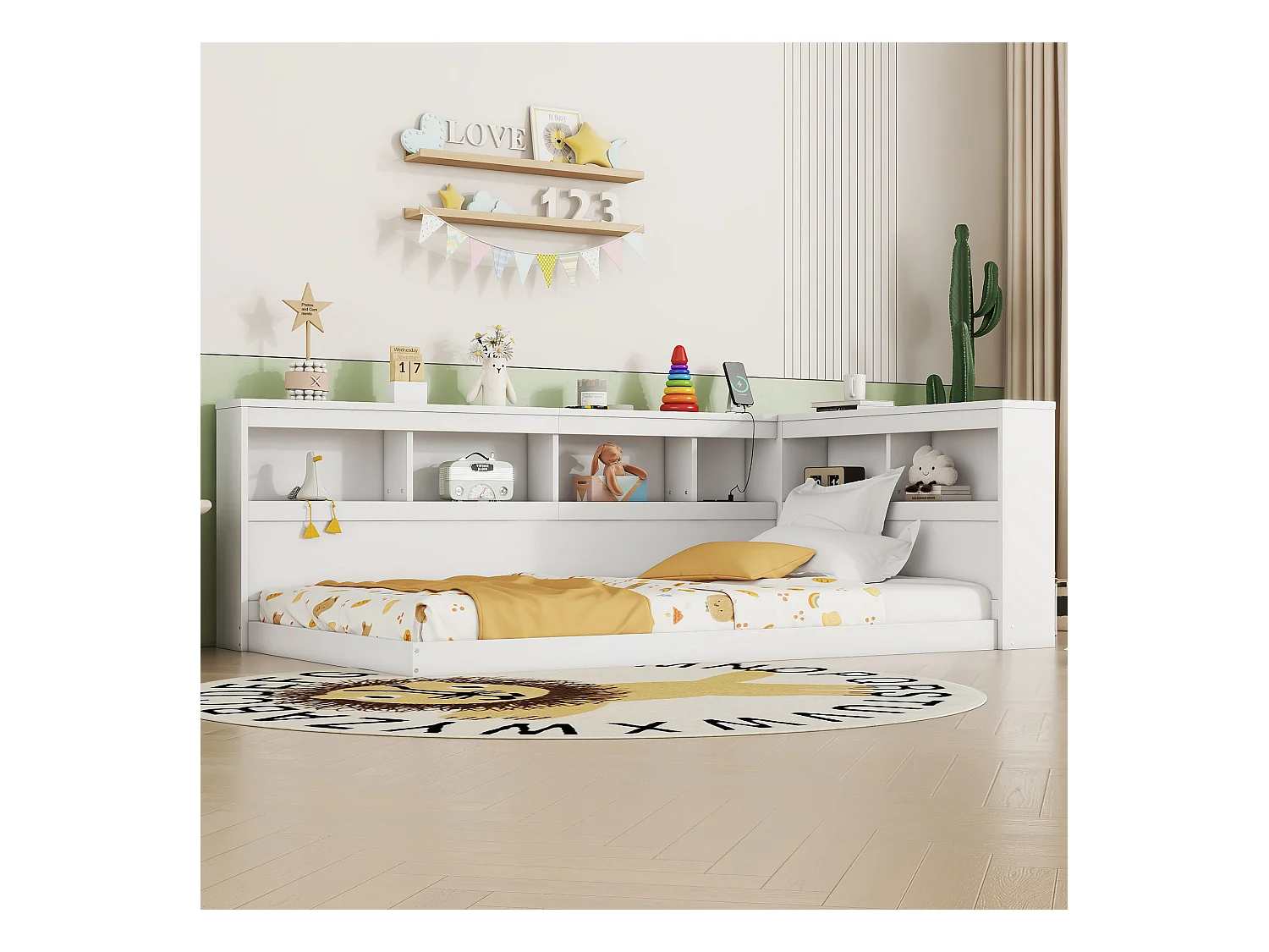 Lit 90 x 200 cm,  canapé-lit - Etaères de rangement et 2 prises USB - Panneau de particules - Blanc (sans matelas)