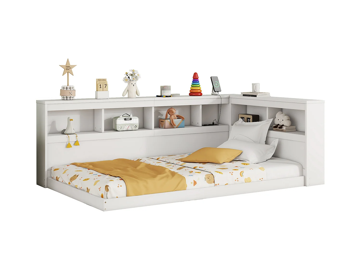 Lit 90 x 200 cm,  canapé-lit - Etaères de rangement et 2 prises USB - Panneau de particules - Blanc (sans matelas)