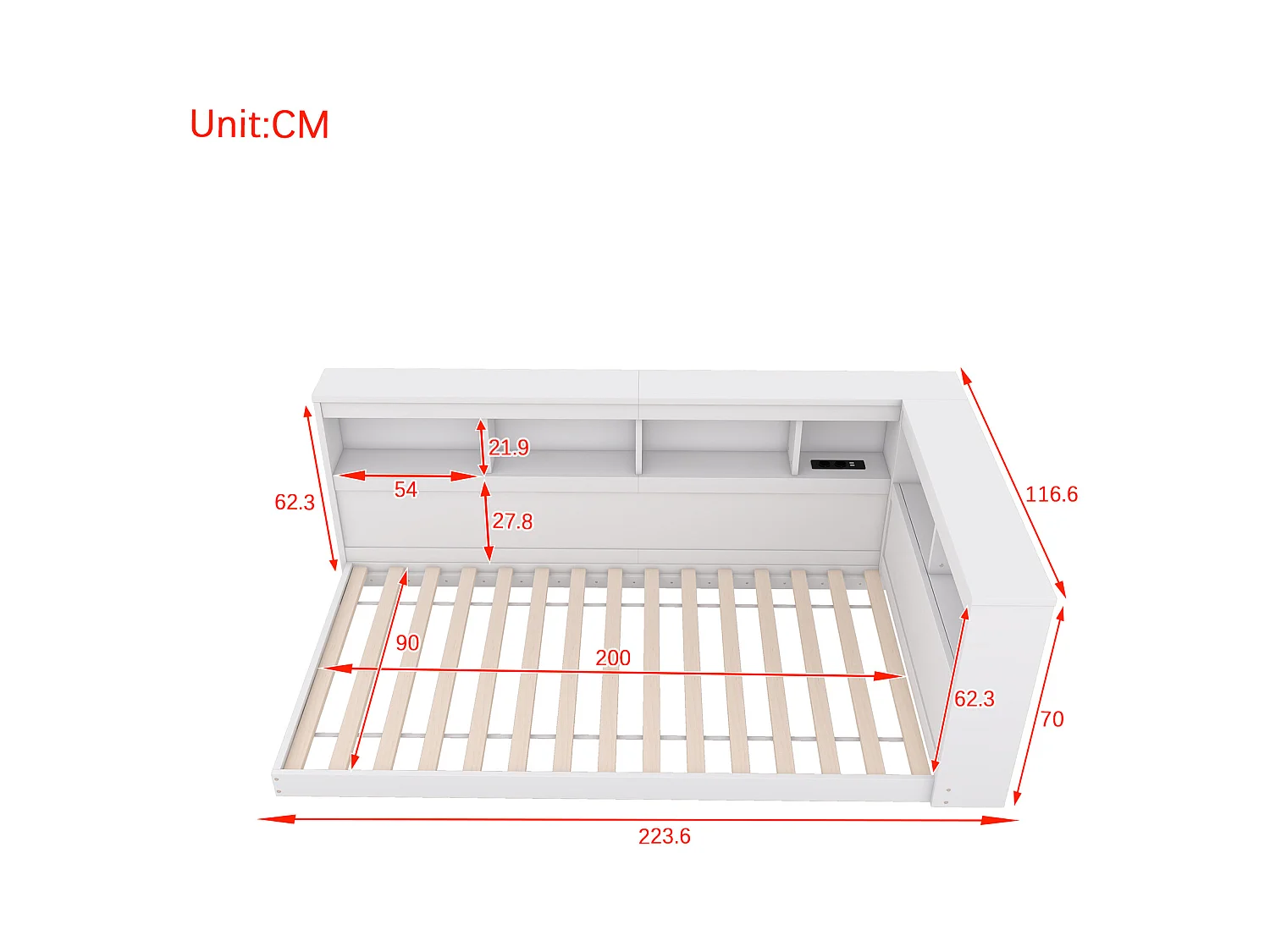 Lit 90 x 200 cm,  canapé-lit - Etaères de rangement et 2 prises USB - Panneau de particules - Blanc (sans matelas)