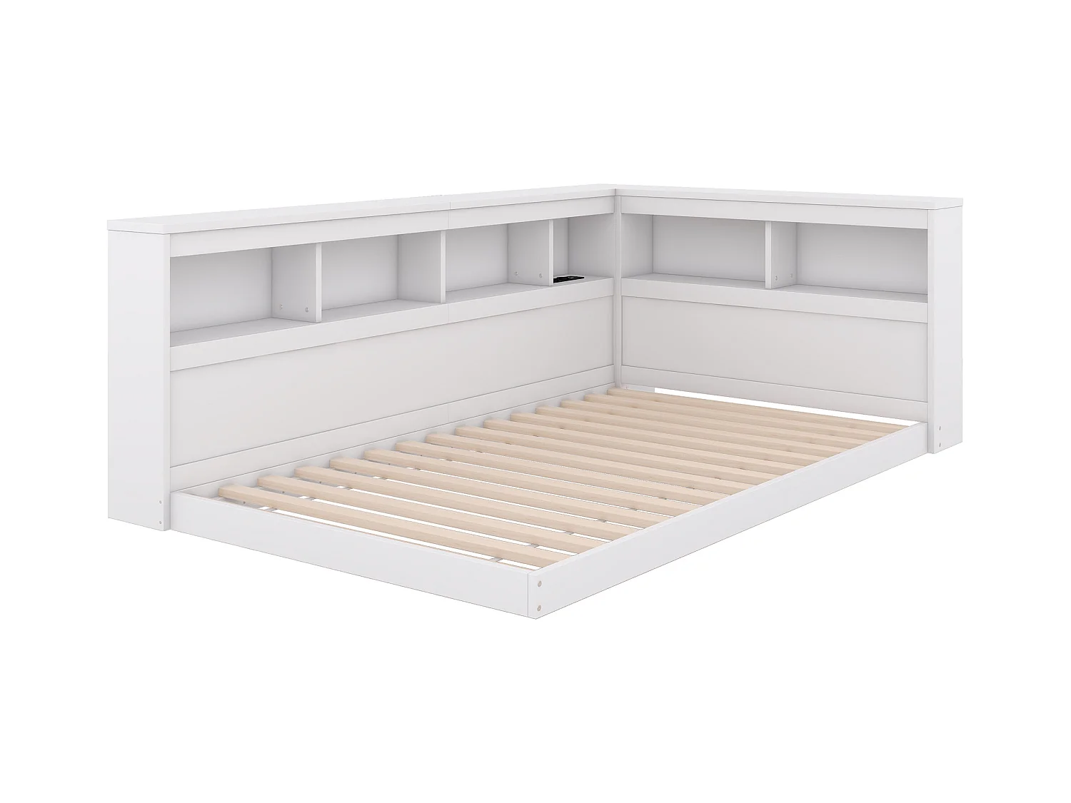 Lit 90 x 200 cm,  canapé-lit - Etaères de rangement et 2 prises USB - Panneau de particules - Blanc (sans matelas)
