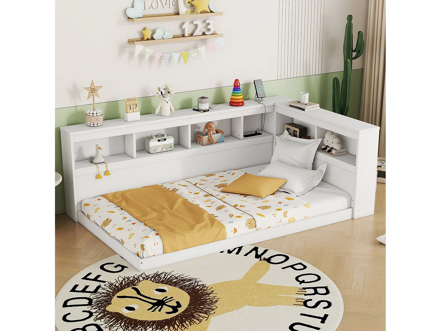 Lit 90 x 200 cm,  canapé-lit - Etaères de rangement et 2 prises USB - Panneau de particules - Blanc (sans matelas)