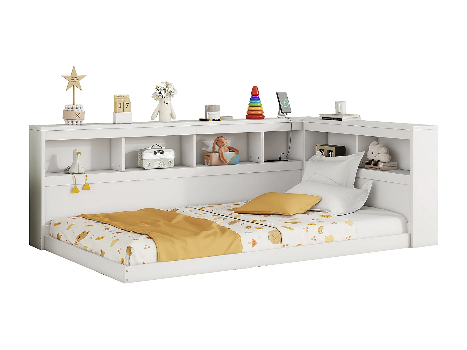 Lit 90 x 200 cm,  canapé-lit - Etaères de rangement et 2 prises USB - Panneau de particules - Blanc (sans matelas)