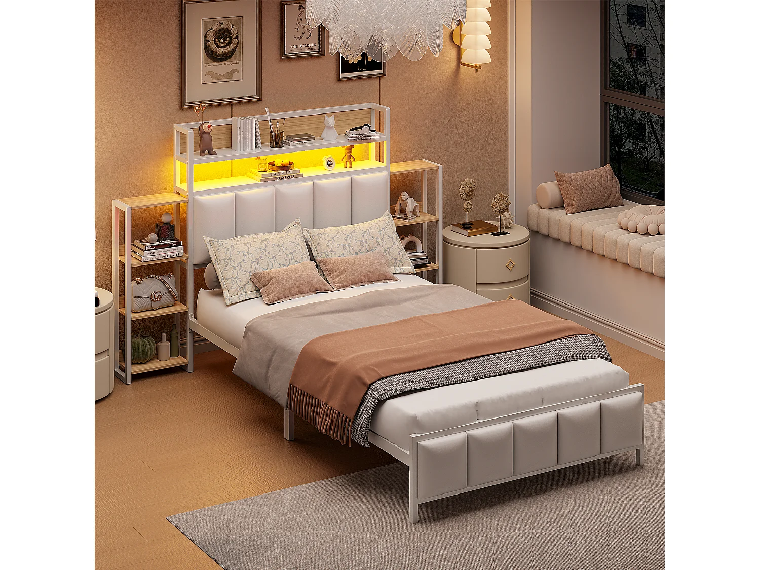 Gestoffeerd bed 90 x 200 cm - Kunstleer en metaal - Hoofdbord met opbergruimte en LED-verlichting - Wit (zonder matras)