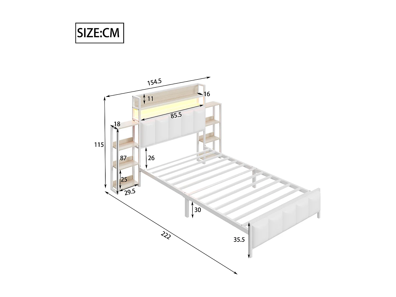 Gestoffeerd bed 90 x 200 cm - Kunstleer en metaal - Hoofdbord met opbergruimte en LED-verlichting - Wit (zonder matras)