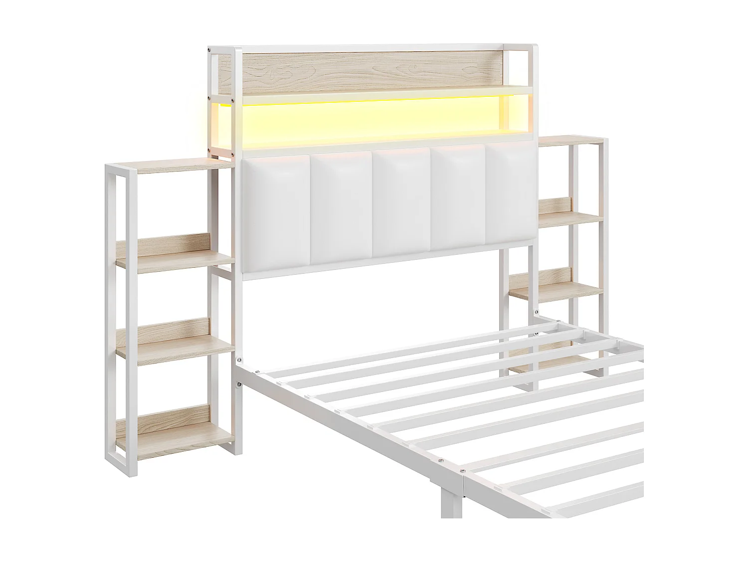 Gestoffeerd bed 90 x 200 cm - Kunstleer en metaal - Hoofdbord met opbergruimte en LED-verlichting - Wit (zonder matras)