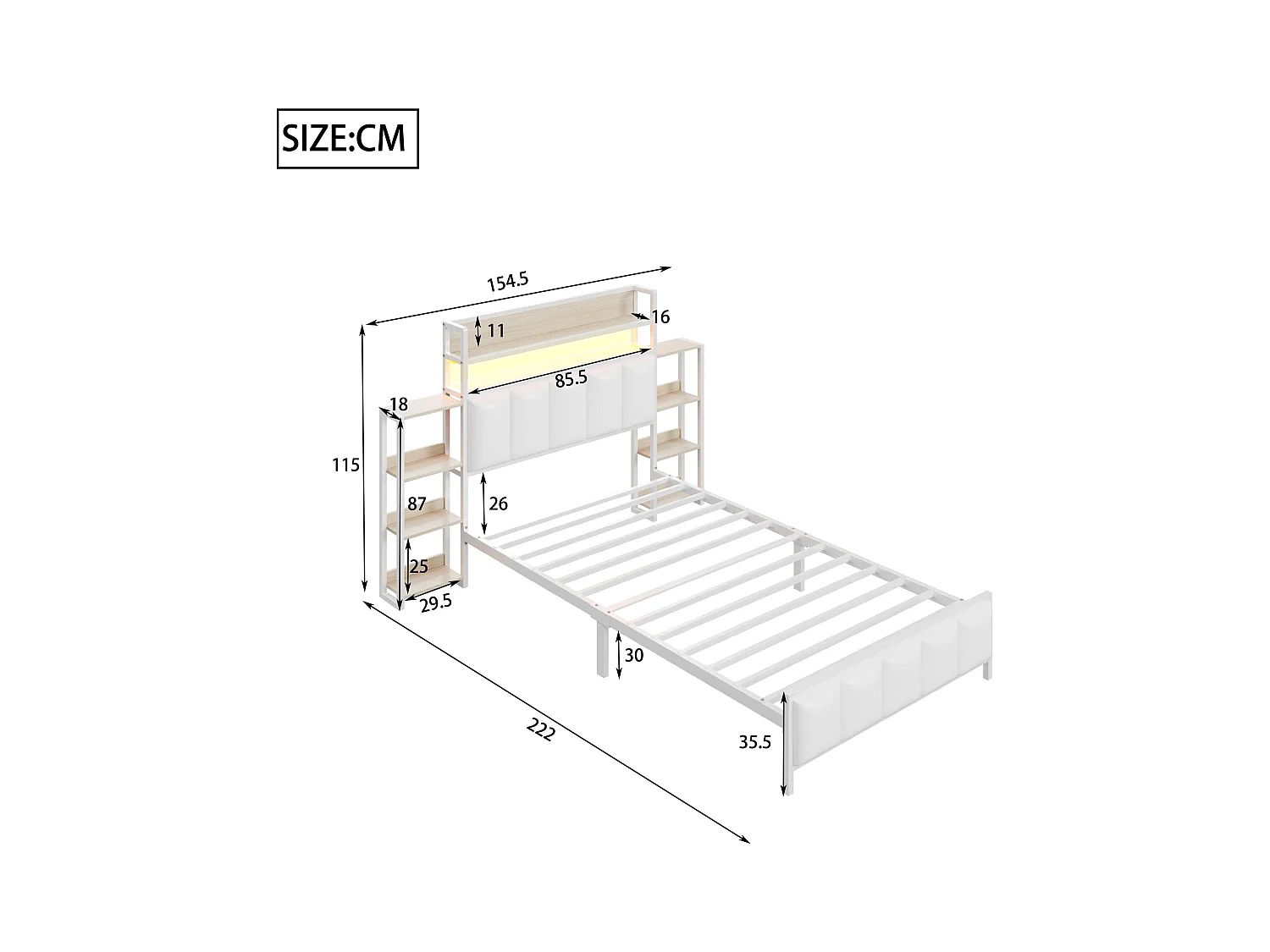 Gestoffeerd bed 90 x 200 cm - Kunstleer en metaal - Hoofdbord met opbergruimte en LED-verlichting - Wit (zonder matras)