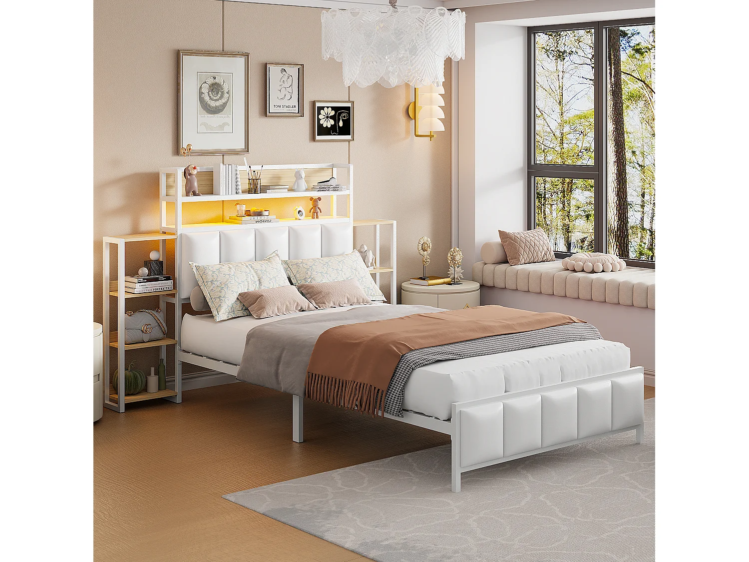 Gestoffeerd bed 90 x 200 cm - Kunstleer en metaal - Hoofdbord met opbergruimte en LED-verlichting - Wit (zonder matras)