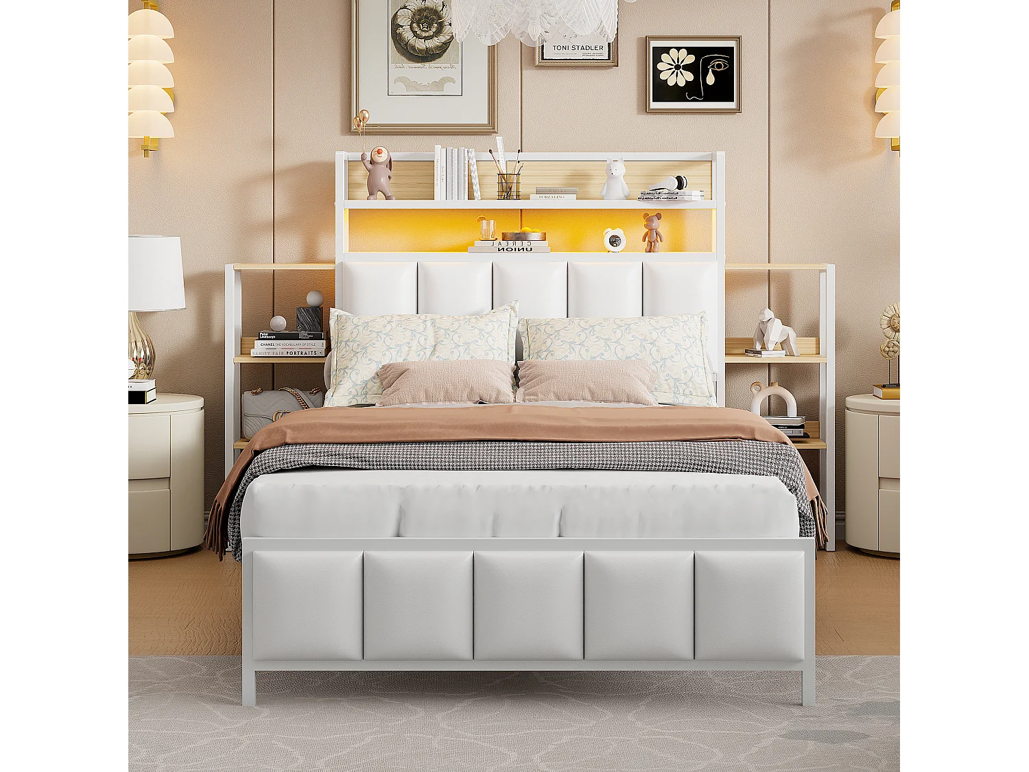 Gestoffeerd bed 90 x 200 cm - Kunstleer en metaal - Hoofdbord met opbergruimte en LED-verlichting - Wit (zonder matras)