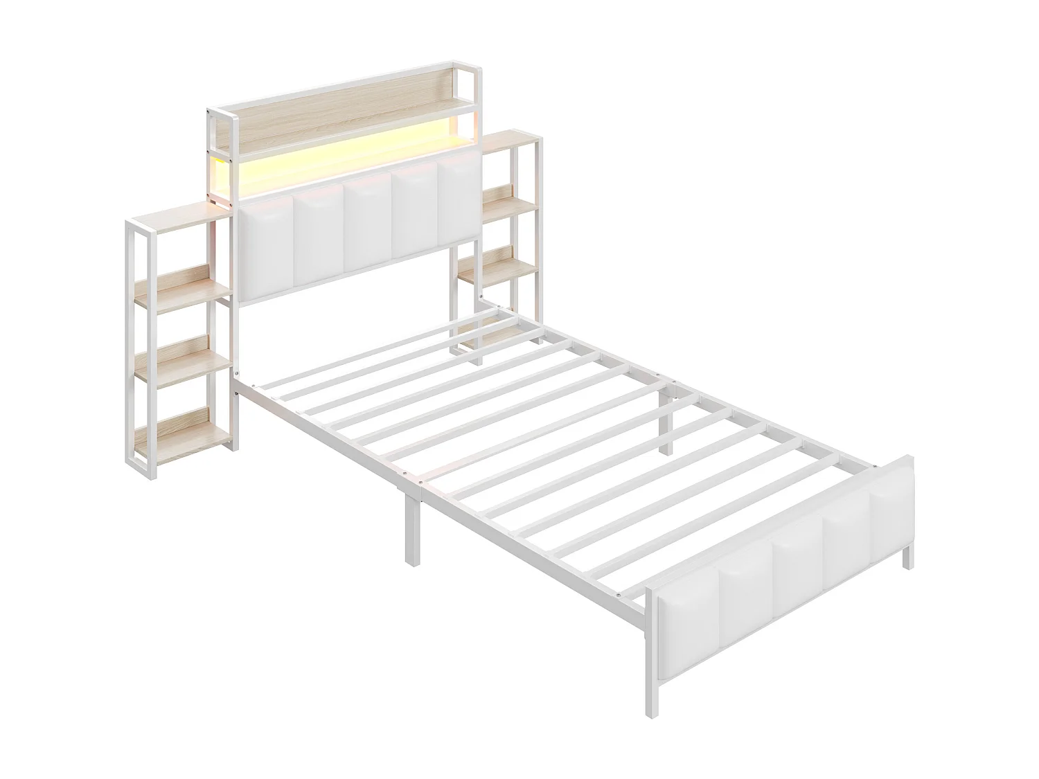 Gestoffeerd bed 90 x 200 cm - Kunstleer en metaal - Hoofdbord met opbergruimte en LED-verlichting - Wit (zonder matras)