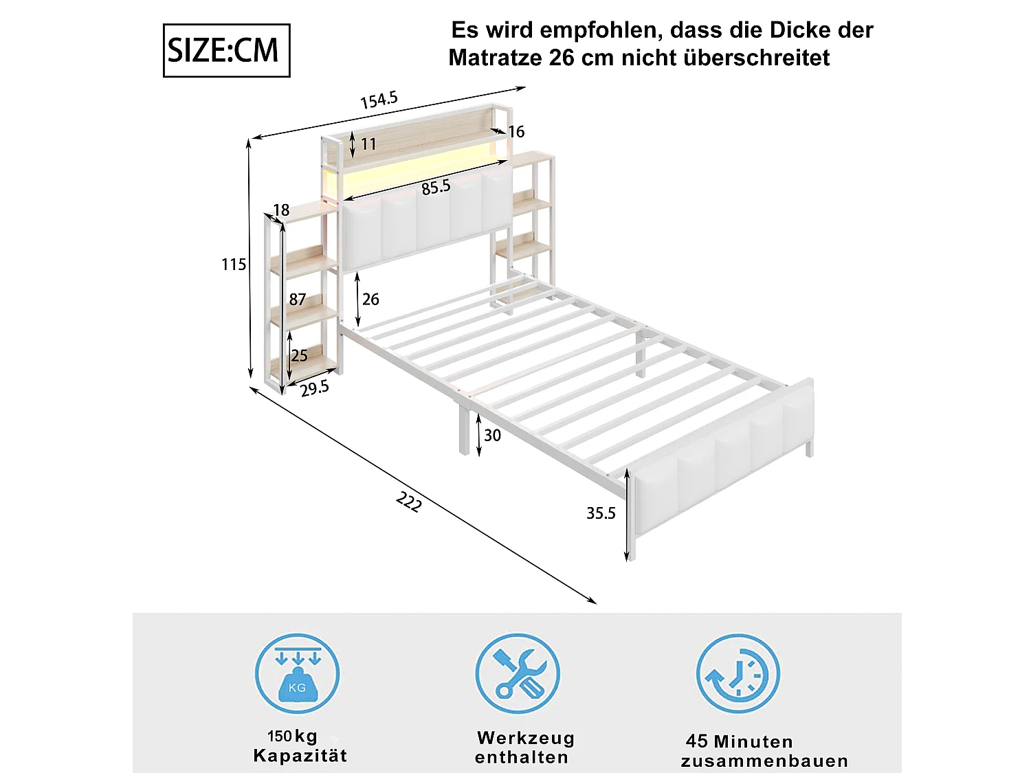 Gestoffeerd bed 90 x 200 cm - Kunstleer en metaal - Hoofdbord met opbergruimte en LED-verlichting - Wit (zonder matras)