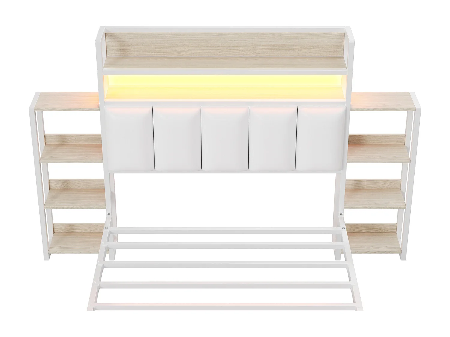 Gestoffeerd bed 90 x 200 cm - Kunstleer en metaal - Hoofdbord met opbergruimte en LED-verlichting - Wit (zonder matras)
