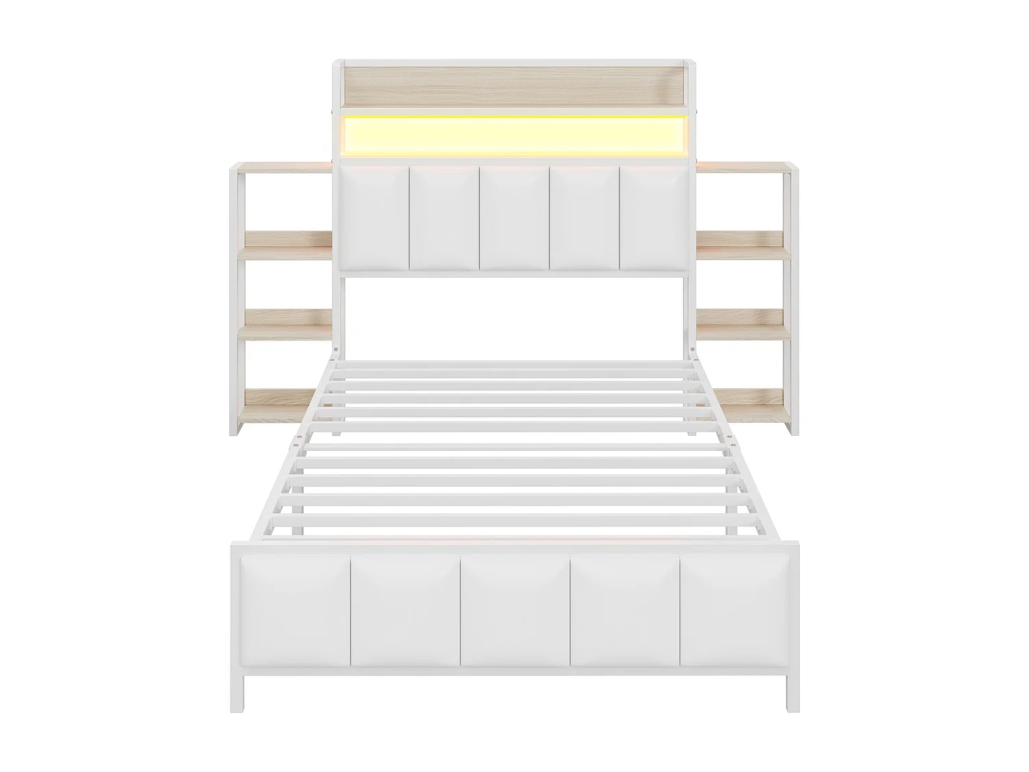 Gestoffeerd bed 90 x 200 cm - Kunstleer en metaal - Hoofdbord met opbergruimte en LED-verlichting - Wit (zonder matras)