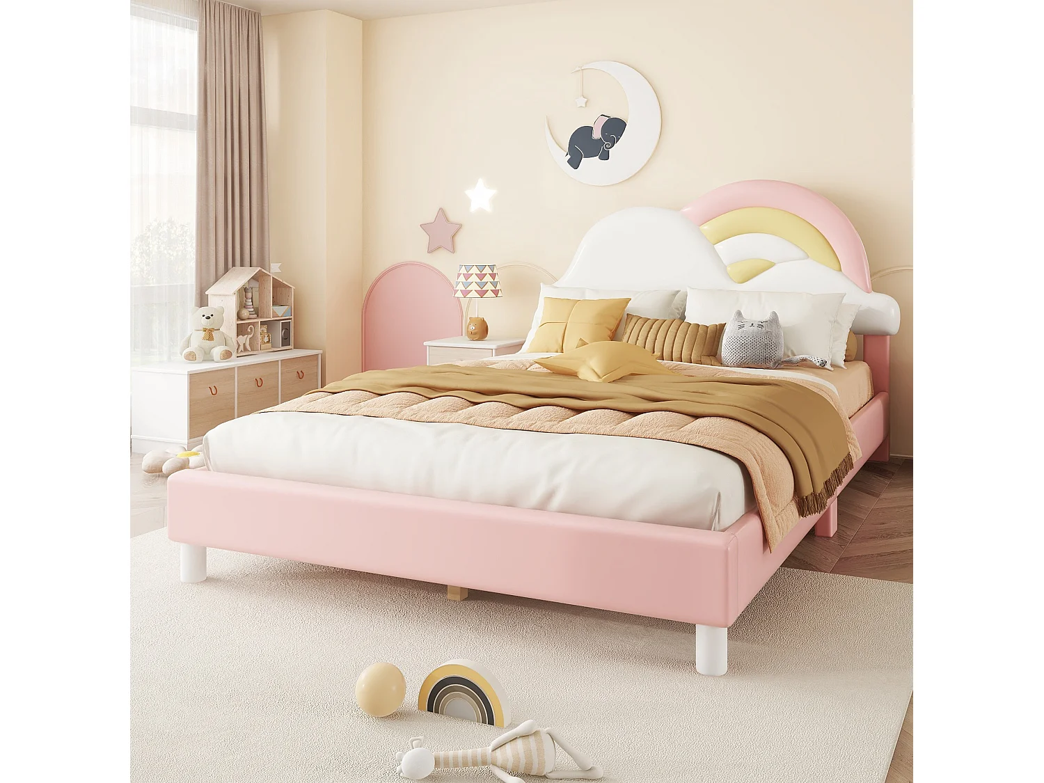 Lit capitonné 140 x 200 cm avec tête de lit en forme arc-en-ciel - Cuir PU - sommier à lattes - pour enfant - Rose