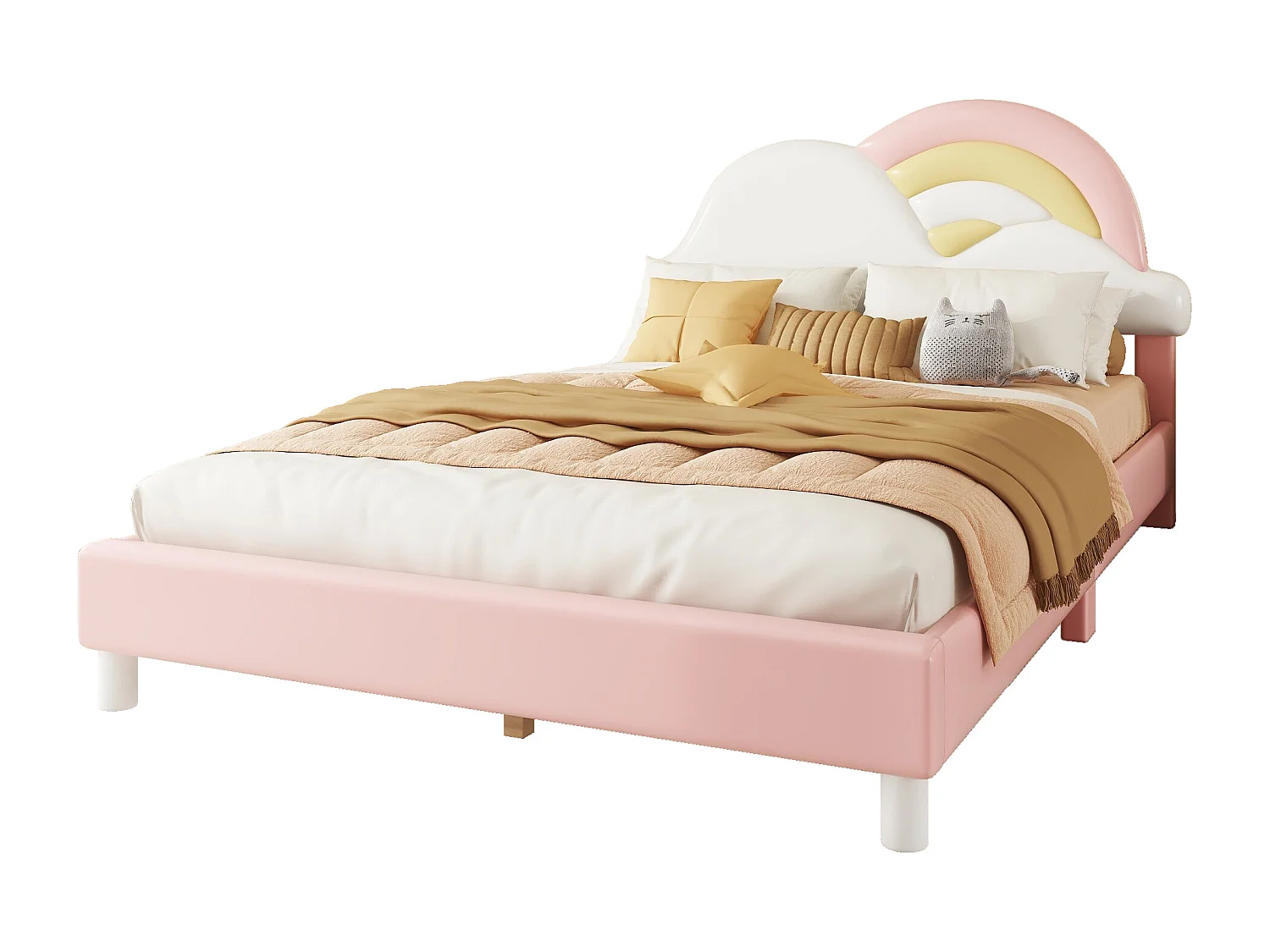 Lit capitonné 140 x 200 cm avec tête de lit en forme arc-en-ciel - Cuir PU - sommier à lattes - pour enfant - Rose