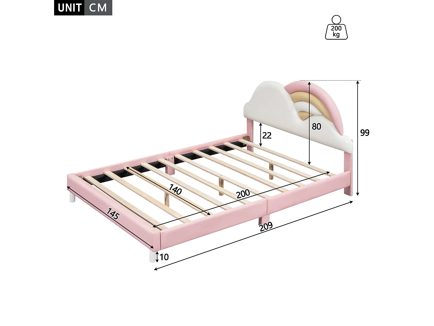 Lit capitonné 140 x 200 cm avec tête de lit en forme arc-en-ciel - Cuir PU - sommier à lattes - pour enfant - Rose