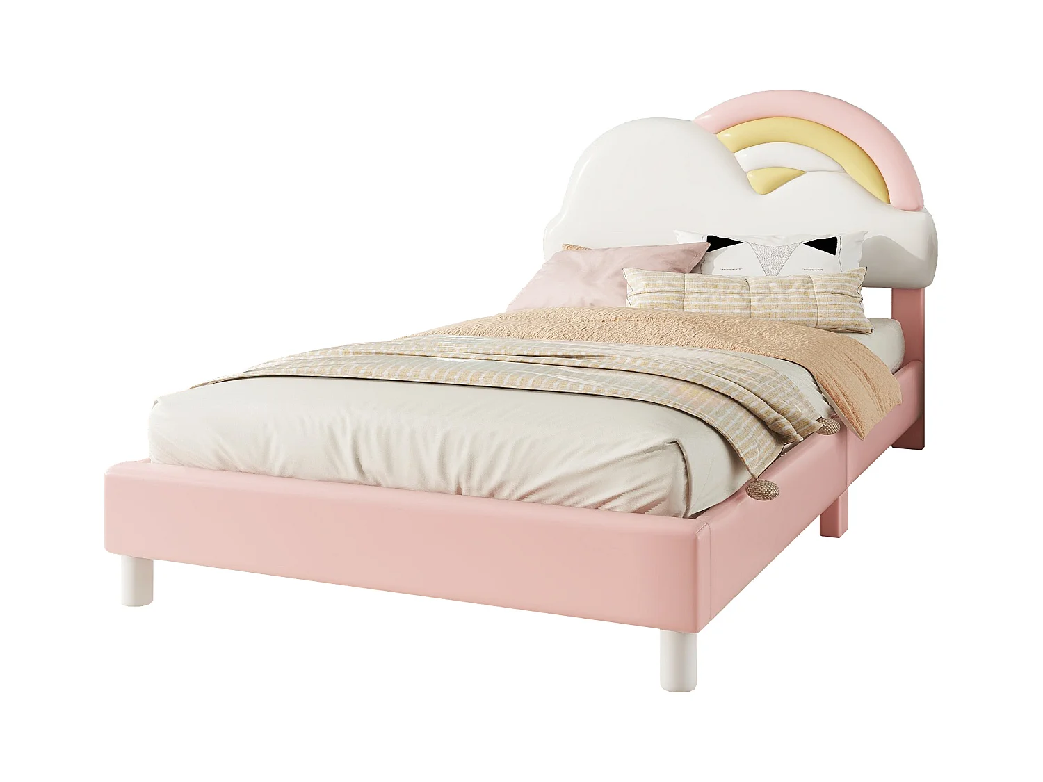 Gestoffeerd bed 90 x 200 cm met regenboog hoofdbord - PU leer - lattenbodem - voor kinderen - Roze