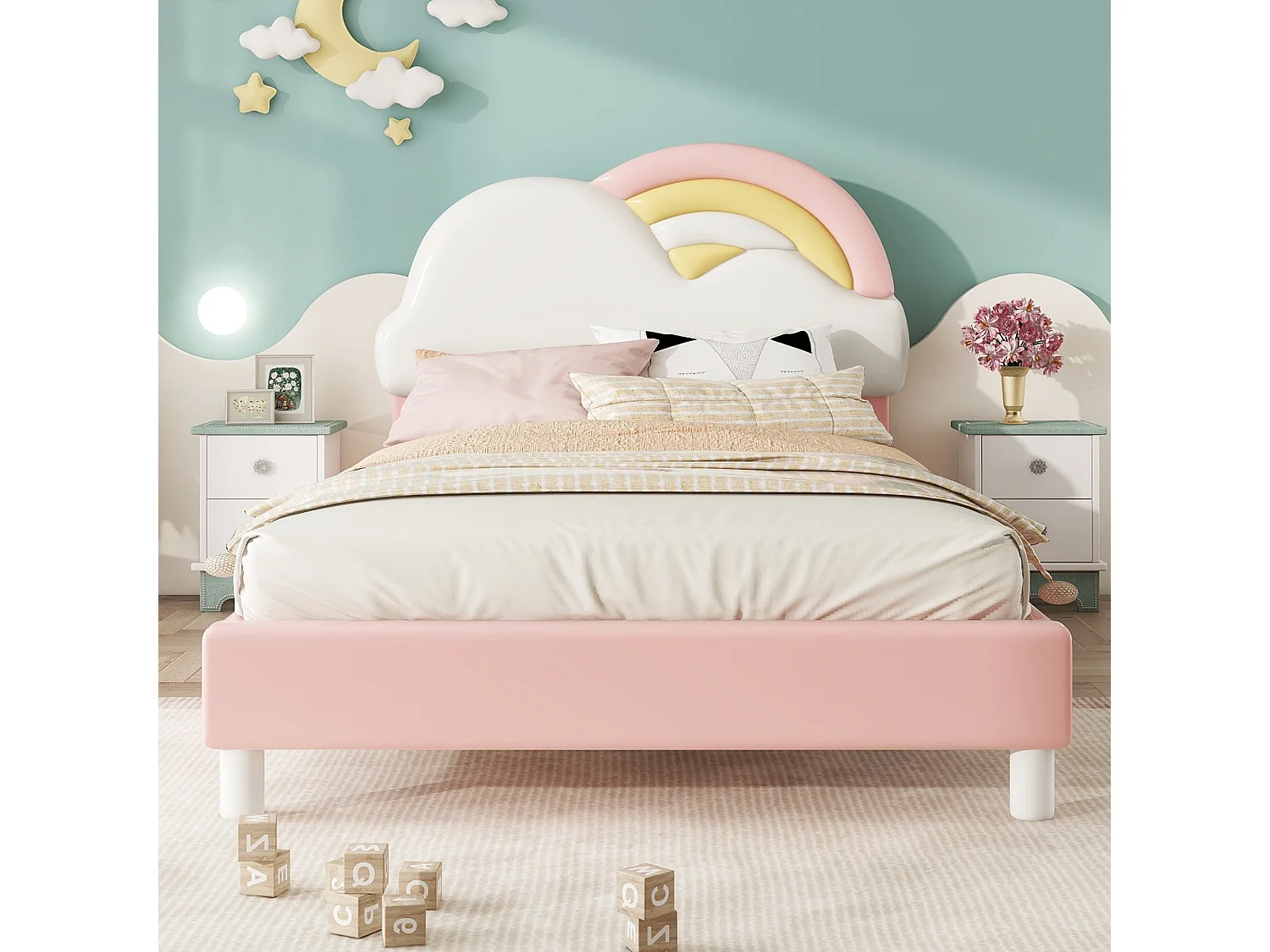 Lit capitonné 90 x 200 cm avec tête de lit en forme arc-en-ciel - Cuir PU - sommier à lattes - pour enfant - Rose