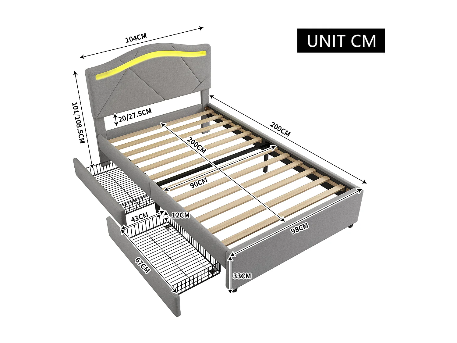 Łóżko tapicerowane 90 x 200 cm z regulowanym wezgłowiem - tkanina lniana - diody LED - kolor szary