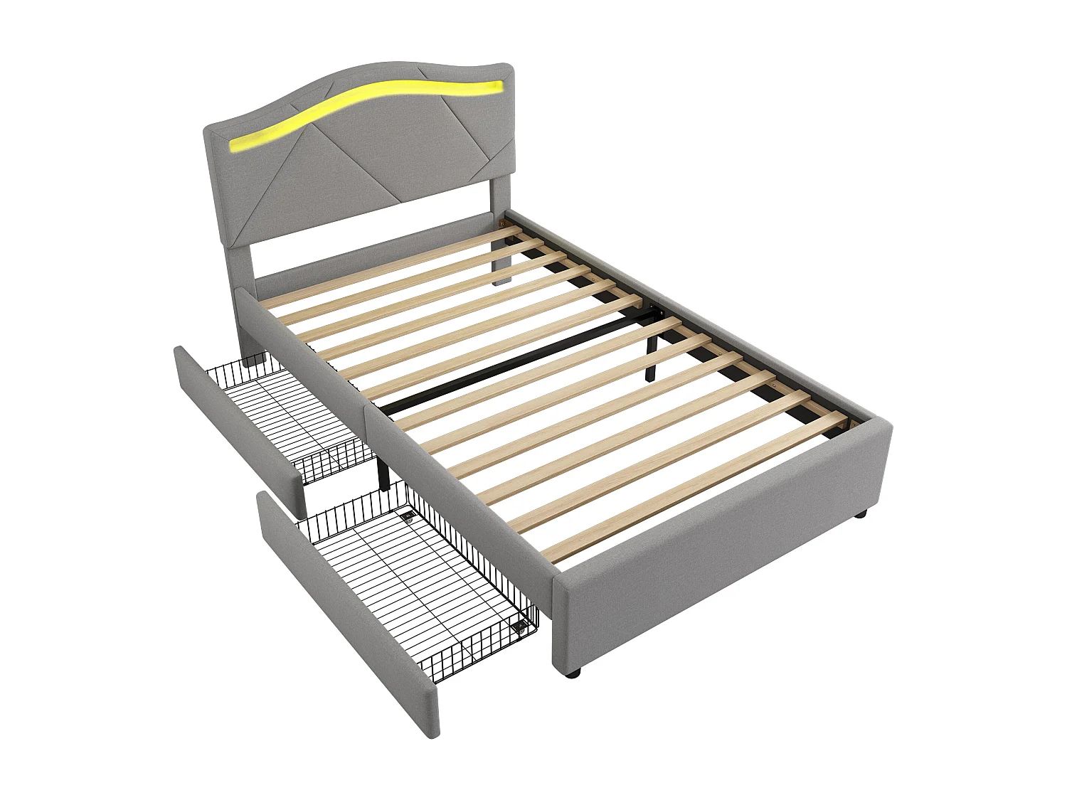 Łóżko tapicerowane 90 x 200 cm z regulowanym wezgłowiem - tkanina lniana - diody LED - kolor szary