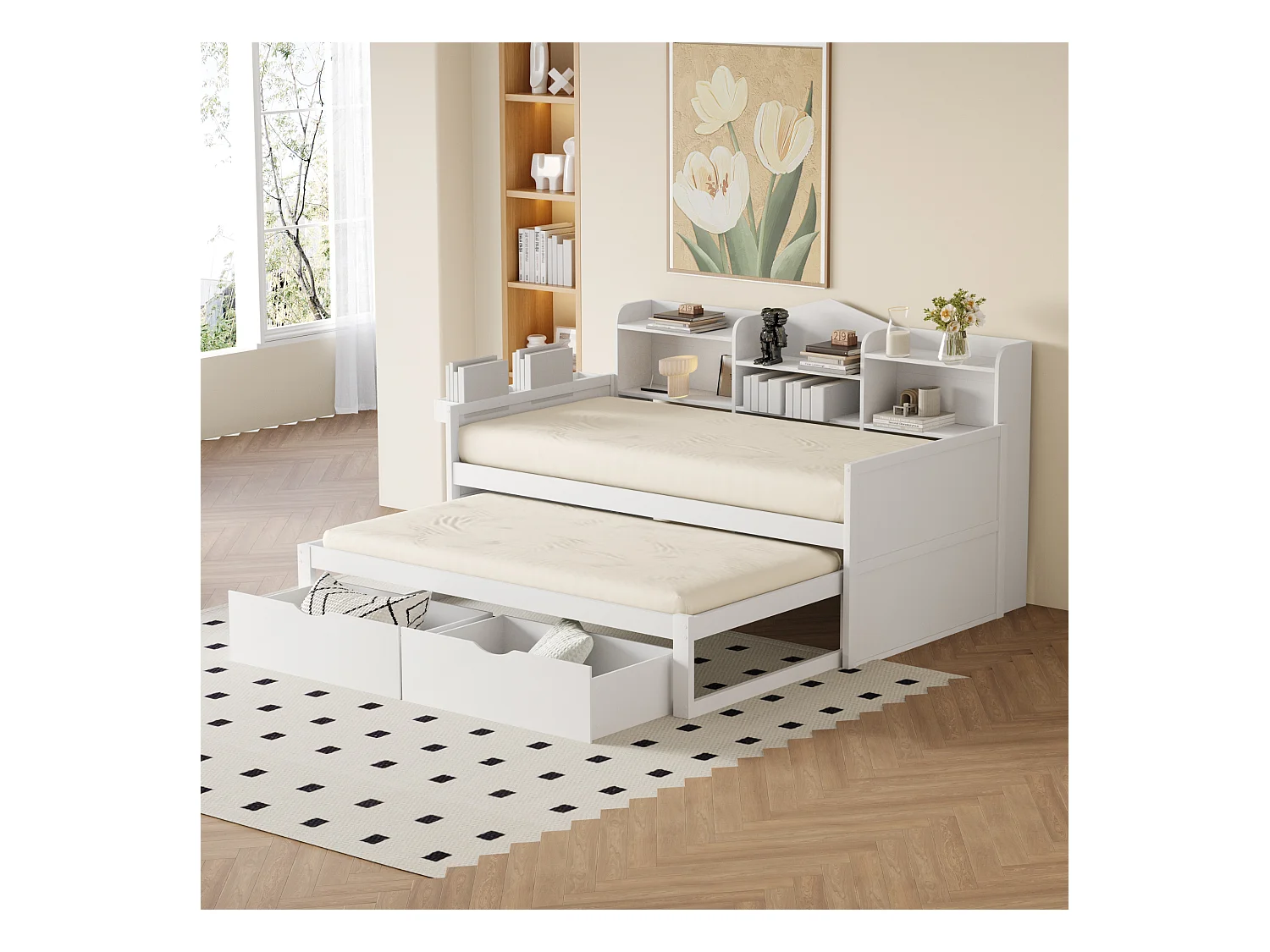 Lit gigogne 90 x 200 cm + 90 x 190 cm avec 2 tiroirs, prise USB et compartiment de rangements - bois de pin + MDF - Blanc (sans matelas)