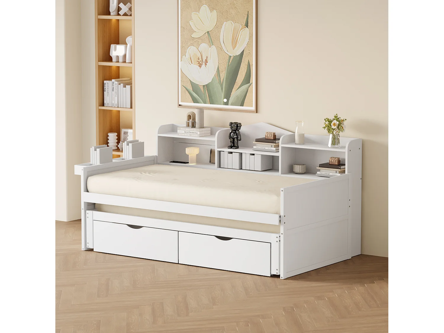 Lit gigogne 90 x 200 cm + 90 x 190 cm avec 2 tiroirs, prise USB et compartiment de rangements - bois de pin + MDF - Blanc (sans matelas)