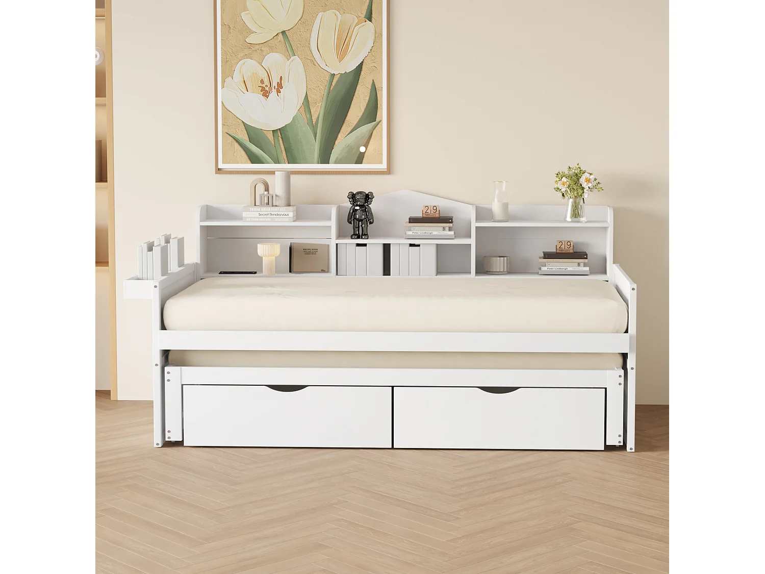 Lit gigogne 90 x 200 cm + 90 x 190 cm avec 2 tiroirs, prise USB et compartiment de rangements - bois de pin + MDF - Blanc (sans matelas)