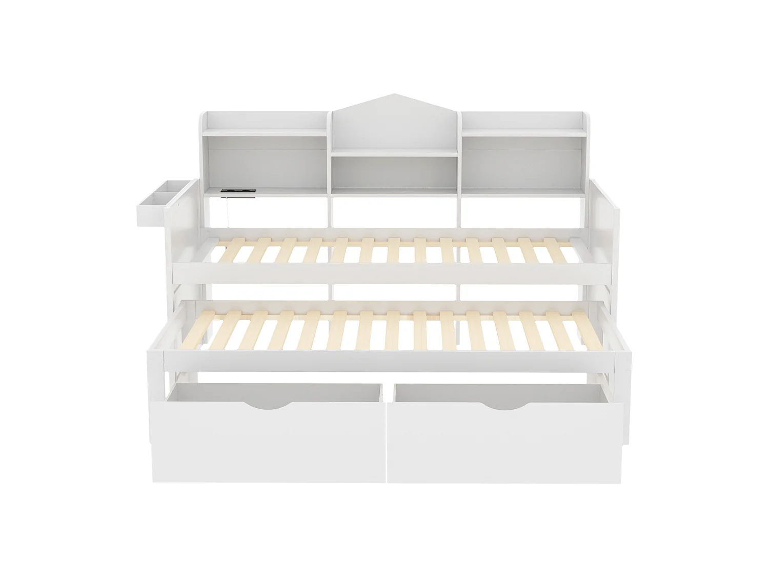 Lit gigogne 90 x 200 cm + 90 x 190 cm avec 2 tiroirs, prise USB et compartiment de rangements - bois de pin + MDF - Blanc (sans matelas)