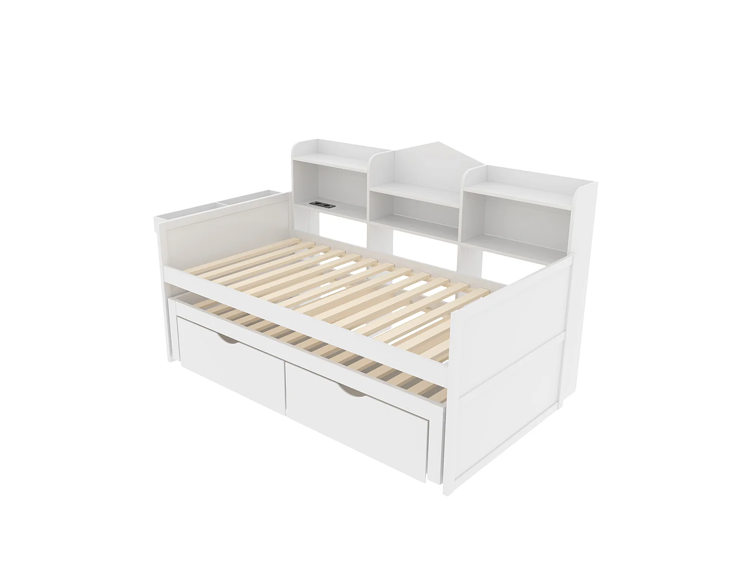 Lit gigogne 90 x 200 cm + 90 x 190 cm avec 2 tiroirs, prise USB et compartiment de rangements - bois de pin + MDF - Blanc (sans matelas)