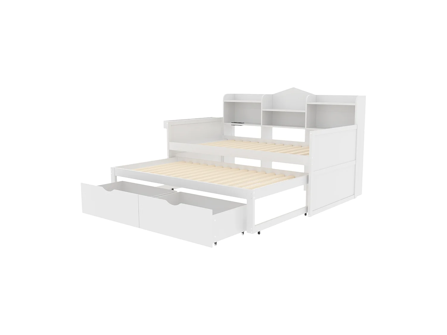 Lit gigogne 90 x 200 cm + 90 x 190 cm avec 2 tiroirs, prise USB et compartiment de rangements - bois de pin + MDF - Blanc (sans matelas)