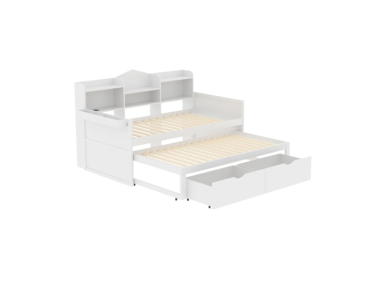 Lit gigogne 90 x 200 cm + 90 x 190 cm avec 2 tiroirs, prise USB et compartiment de rangements - bois de pin + MDF - Blanc (sans matelas)