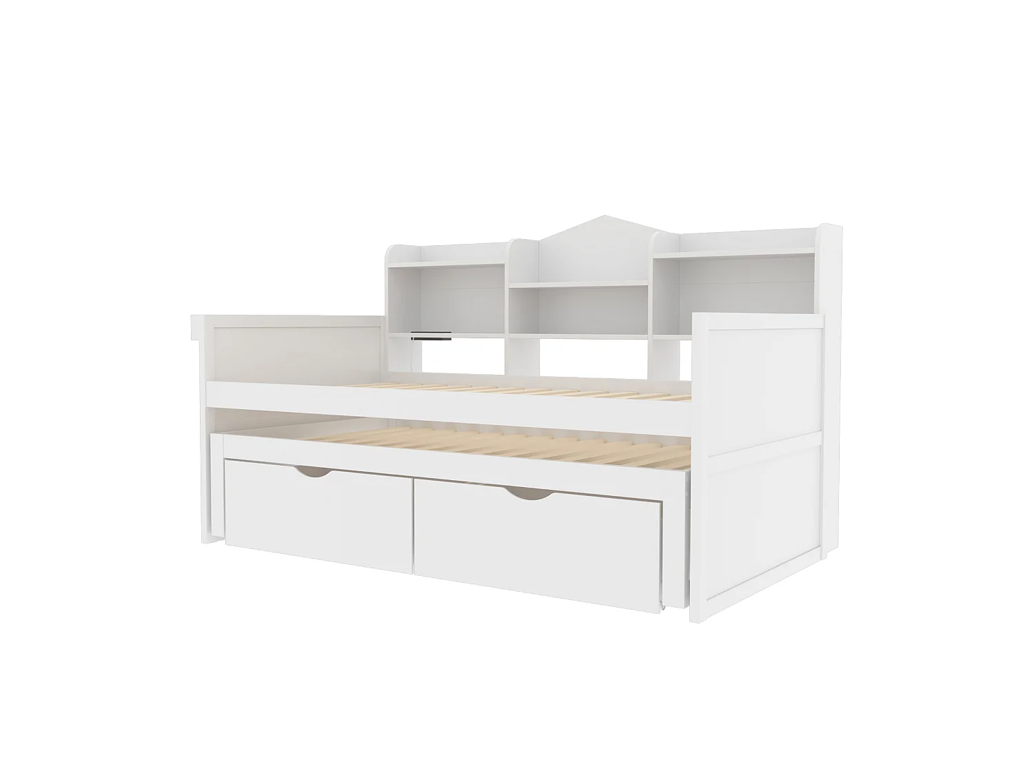 Lit gigogne 90 x 200 cm + 90 x 190 cm avec 2 tiroirs, prise USB et compartiment de rangements - bois de pin + MDF - Blanc (sans matelas)
