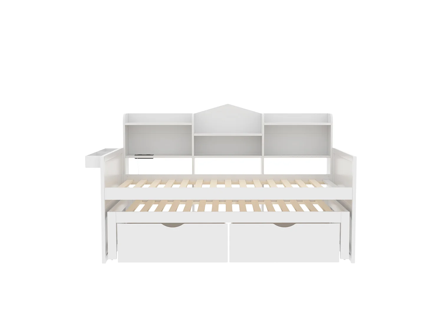 Lit gigogne 90 x 200 cm + 90 x 190 cm avec 2 tiroirs, prise USB et compartiment de rangements - bois de pin + MDF - Blanc (sans matelas)