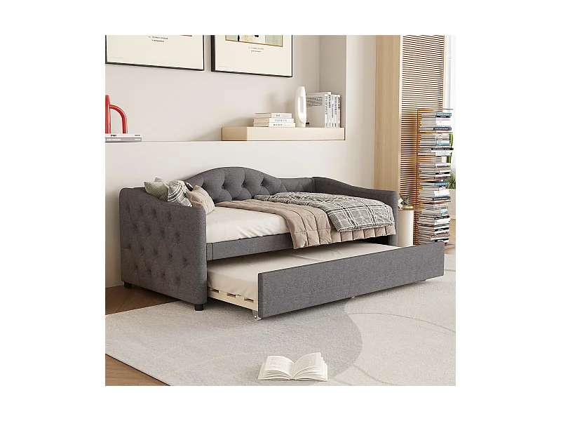 Onderschuifbed 90 x 200 cm + bed 90 x 190 cm, slaapbank - linnen stof - grijze kleur (zonder matras)