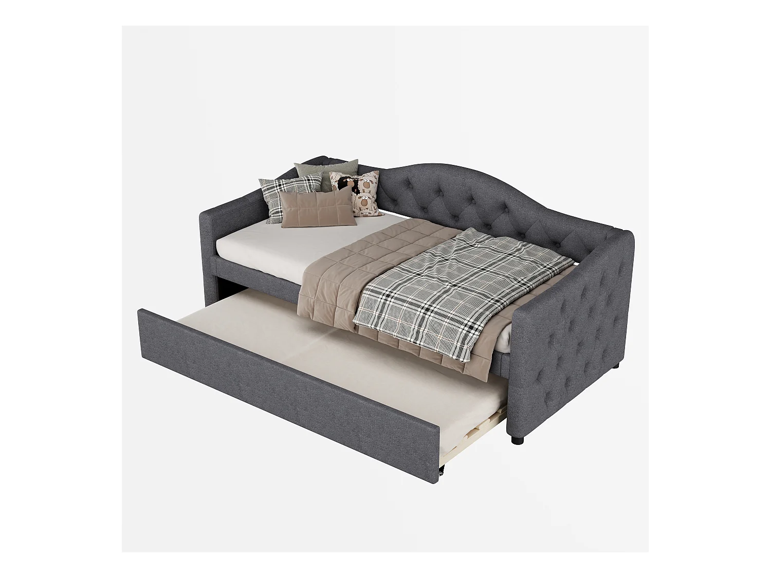 Lit gigogne 90 x 200 cm + lit 90 x 190 cm, canapé-lit - tissu en lin - coloris gris (sans matelas)