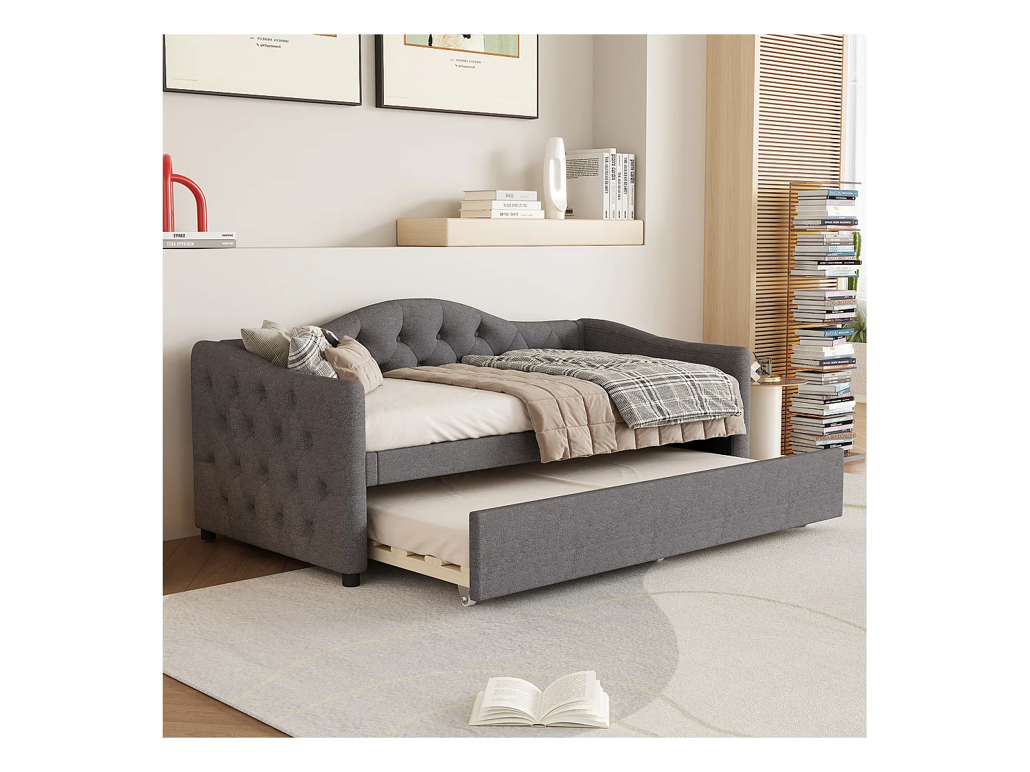 Lit gigogne 90 x 200 cm + lit 90 x 190 cm, canapé-lit - tissu en lin - coloris gris (sans matelas)