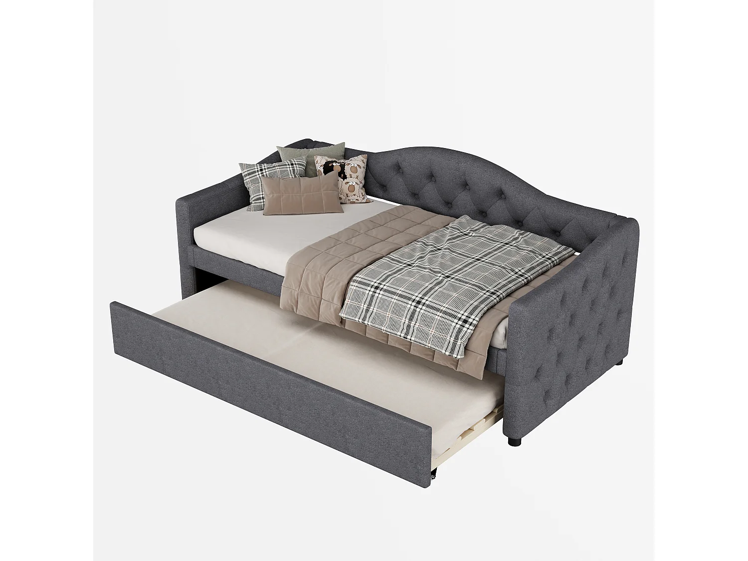 Lit gigogne 90 x 200 cm + lit 90 x 190 cm, canapé-lit - tissu en lin - coloris gris (sans matelas)