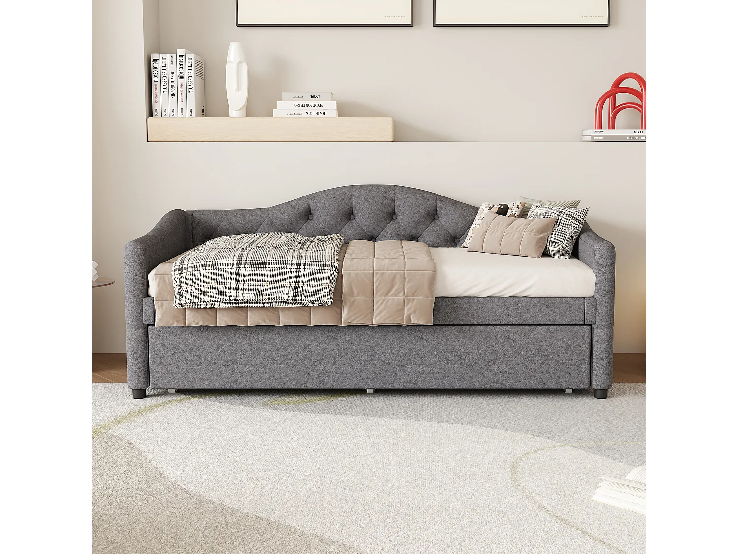Lit gigogne 90 x 200 cm + lit 90 x 190 cm, canapé-lit - tissu en lin - coloris gris (sans matelas)