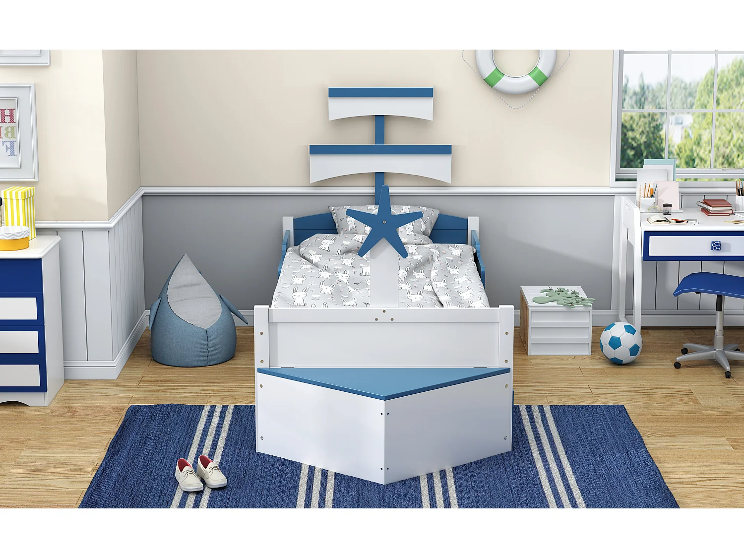 Łóżko wysuwane 90 x 200 cm + 90 x 190 cm ze schowkiem - drewno MDF - kolor niebieski (bez materaca)