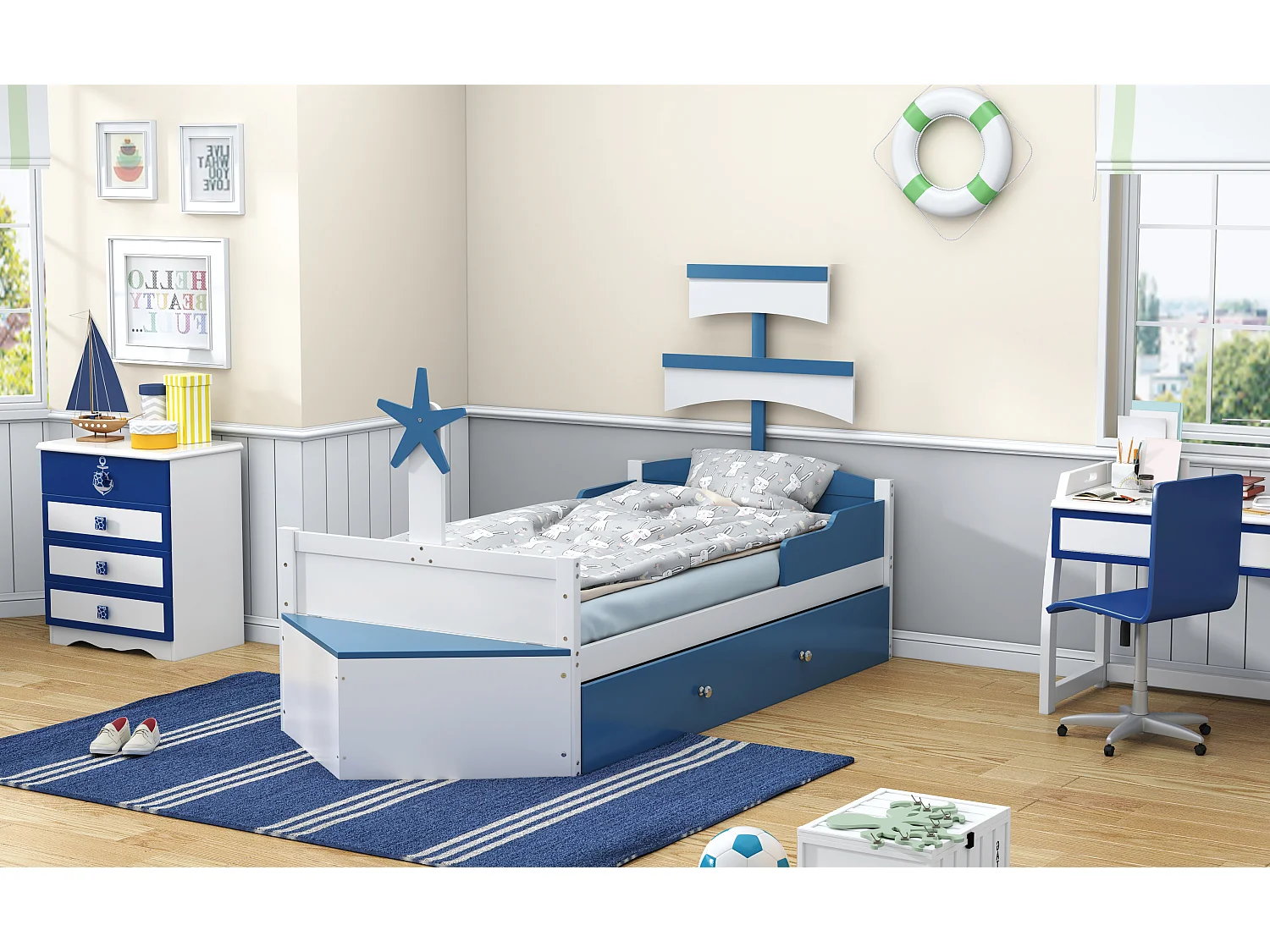 Łóżko wysuwane 90 x 200 cm + 90 x 190 cm ze schowkiem - drewno MDF - kolor niebieski (bez materaca)