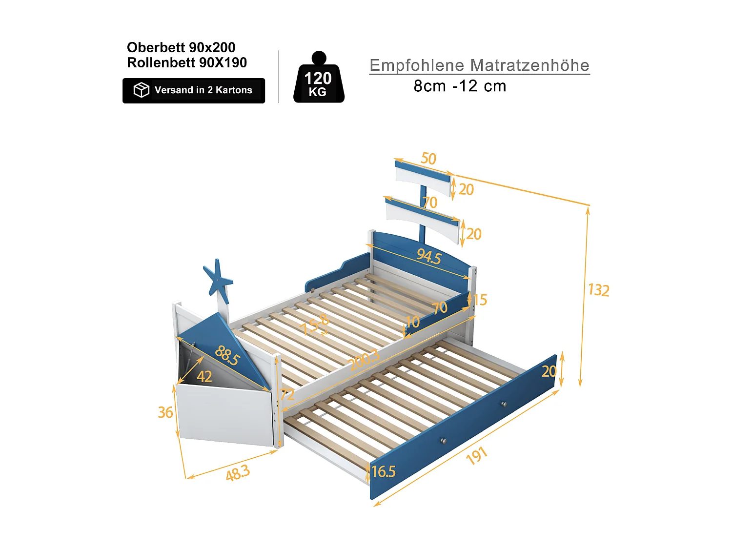Łóżko wysuwane 90 x 200 cm + 90 x 190 cm ze schowkiem - drewno MDF - kolor niebieski (bez materaca)